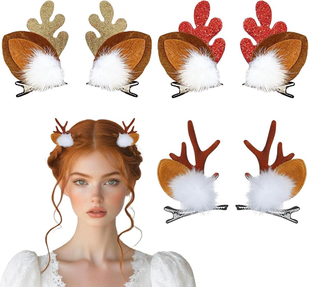 CHUN-YAN Christmas Reindeer Hair Clips - Reindeer Antlers Headband - Deer Antler Hair Pins for Christmas Hair Accessories - Holiday Headwear Hair Accessories(3pairs)
