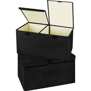 2 Pack Large Linen Fabric Collapsible Storage Bins with Lid and Handles, Washable Storage Box Baskets Cube with Removable Divider for Bedroom,Closet,Office,Living Room,Nursery (Black, Large)