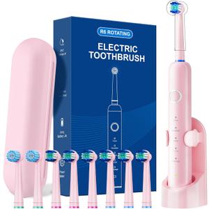 Rotating Electric Toothbrush for Adults, 8 Brush Heads (2 Types) & Travel Case, 5 Cleaning Modes Rechargeable Power Toothbrush with 2-Minute Smart Timer, Pink