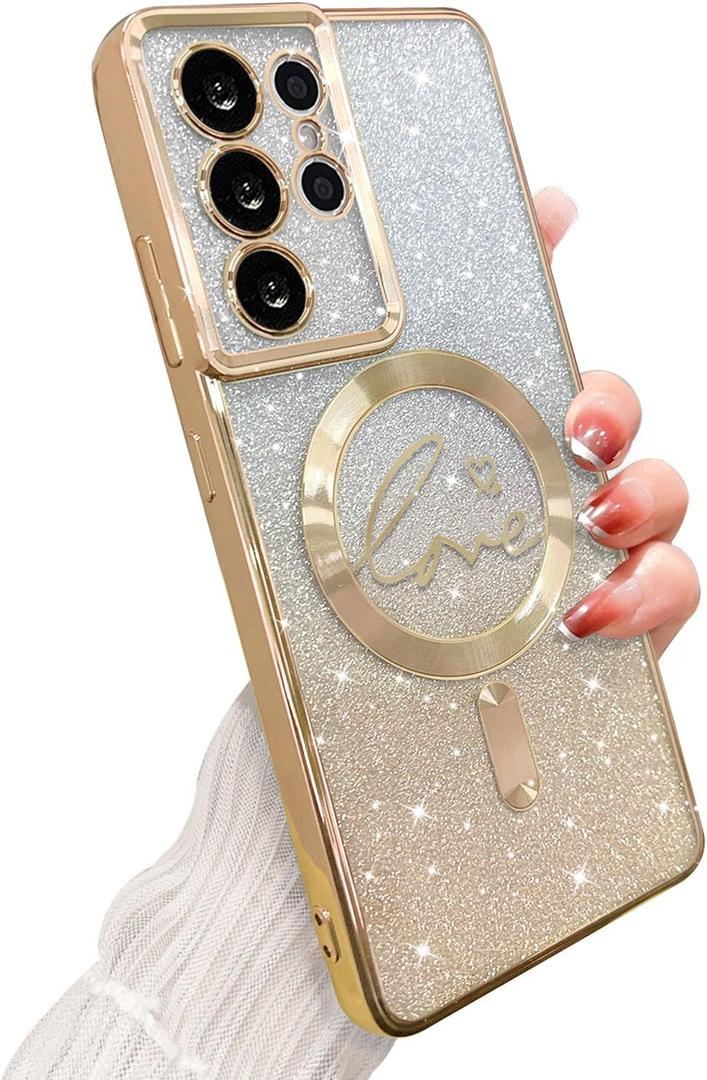 For Samsung Galaxy S21 Ultra Case Magnetic,for Women Girl Soft Cute Luxury Love Heart Plating Bling Gradient Glitter Clear Phone Case Compatible with MagSafe Shockproof Back Cover 6.8-Gold