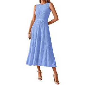 Women's Midi Bodycon Tank Dress Summer Crewneck Rib Knit Sleeveless Pleated Swing A Line Business Casual Dresses , Size Small