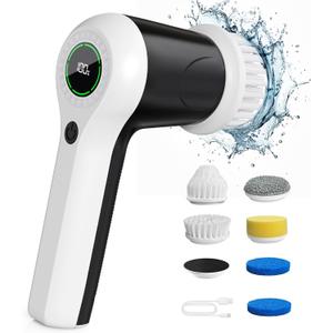 Electric Spin Scrubber, Cordless Shower Scrubber with Battery Level Display, 2 Speeds Electric Scrubber for Cleaning with 6 Replaceable Heads, Cleaning Brush for Bathroom/Sink/Window (White)