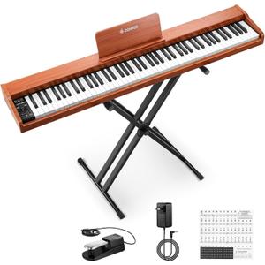 Donner DEP-1S Piano Keyboard 88 Keys, Beginner Digital Piano with 88 Key Velocity-Sensitive Keyboard, Record, Bluetooth, Chord, Bundle With Piano Stand, Piano Stickers, Sustain Pedal, Retro Wood Color