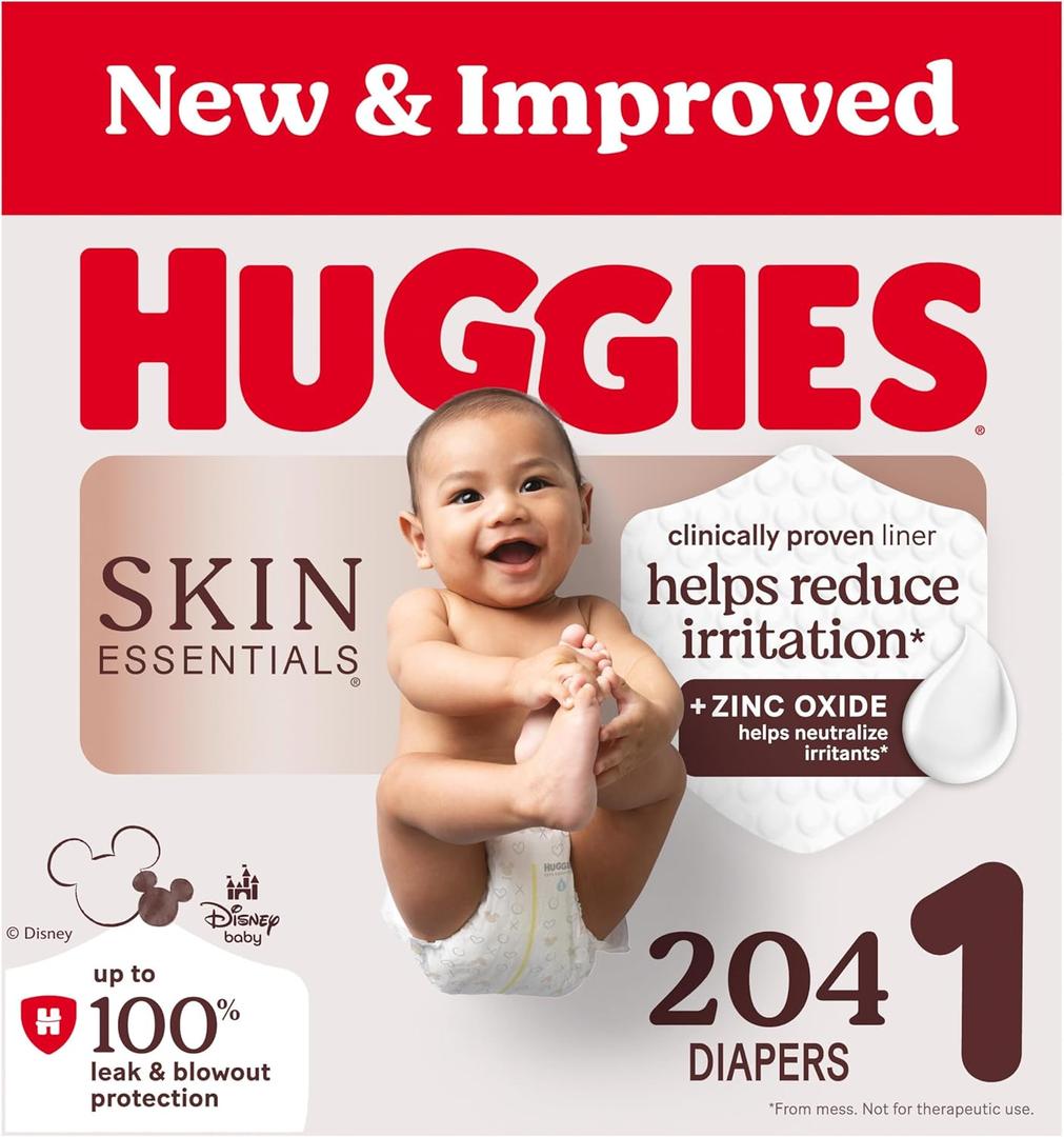 Huggies Size 1 Diapers, Skin Essentials Baby Diapers, Size 1 (8-14 lbs), 204 Count (3 Packs of 68), 
