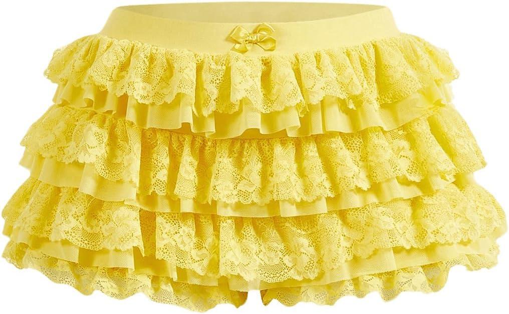 Women's Y2k Ruffle Shorts Lace Lolita Bloomers Elastic Waist Bow Front Shorts Micro Boyshorts (Small, Yellow)