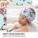INNELO Luxury Shower Cap for Women Reusable Waterproof, Double Layered Shower Hair Cap with Adjustable Elastic Strap, Large Satin Lined Shower Bath Cap for Long Curly Straight Hair, Green-Flower