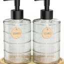 MASADI Soap Dispenser Set with Bamboo Tray, Dish and Hand Soap Lotion Dispenser Set with Wooden Pump for Kitchen and Bathroom Decor for Counter, Modern Vintage Liquid Soap Dispensers (Clear)