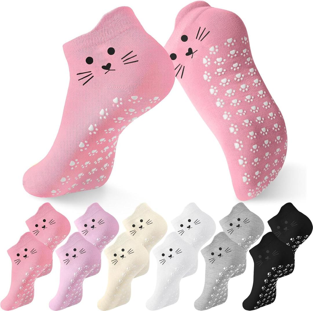 Geyoga 6 Pack Grip Cat Socks for Women Cute Yoga Cat Socks for Girls Non Slip Ankle Supplies for Pilates Dance Workout (Classic)