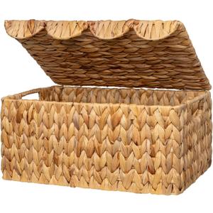 StorageWorks Wicker Basket with Scalloped Edge Lid, Water Hyacinth Basket with Built-in Handles, Handwoven Wicker Box for Living Room, 15" L x 11 " W x 7" H
