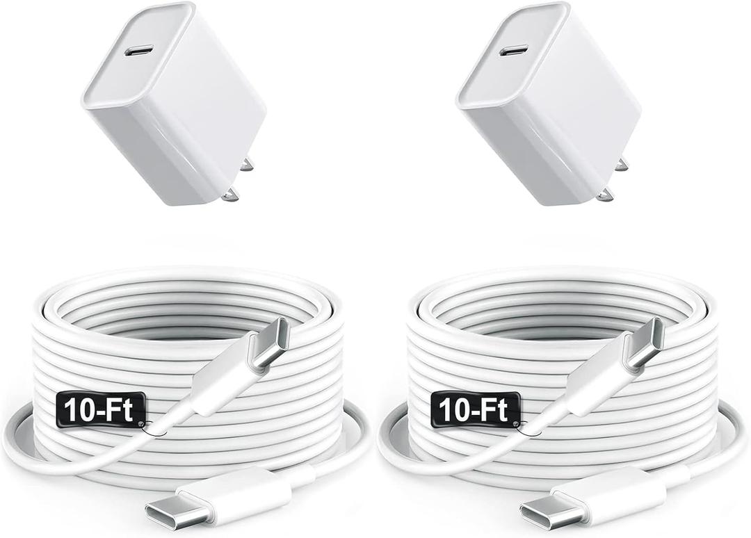 iPad Charger Fast Charging 10ft USB-C Cable & 20W USB-C Charger Block 2-Pack for Apple iPad A16/11th/10th/Pro 13/12.9/11/Air/Mini A17 Pro, iPhone 17/16/15 Series, White