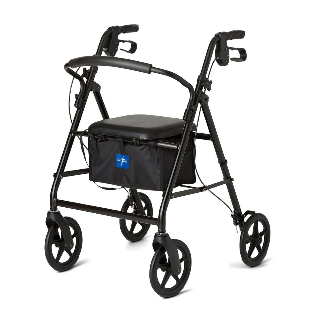Medline Aluminum Rollator Walker, Burgundy, 300 lb. Weight Capacity, 8” Wheels, Adjustable Height Handle, Padded Seat & Backrest, Rolling Walker for Seniors and Mobility Impaired, Black
