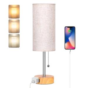 Dott Arts Table Lamp for Bedroom, 3-Color Bedside Lamps with Pull Chain, Bedroom Table Lamps for Nightstand,AC Outlet Small Lamp for Living Room, Bulb Included Oatmeal