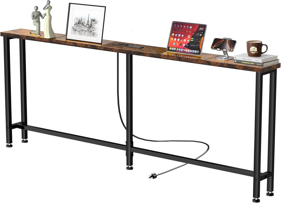 GRLEAF 70" Sofa Table with Built-in Power Strip (2 AC Outlets & 2 USB Ports)  4.9ft Power Cord, Metal Frame, Easy Assembly, Long Couch Table Behind Sofa, Living Room and Home Office | Rustic Brown