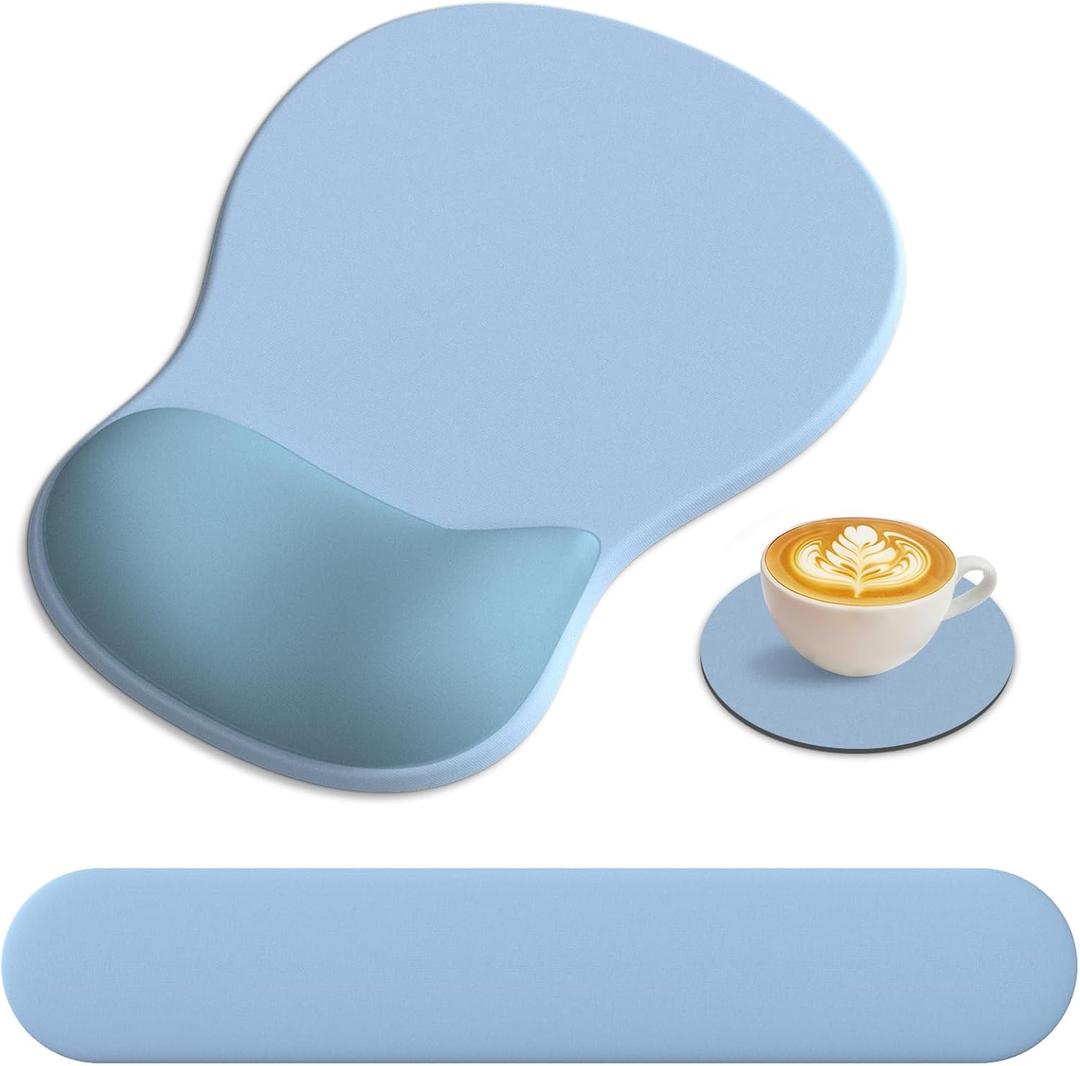 Mouse Pad and Keyboard Wrist Rest, 3-in-1 Memory Foam Ergonomic Wrist Rest for Computer Keyboard, Mousepad Set with Non-Slip PU Base for Pain Relief, Gaming, Home, Office (Air Blue)