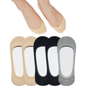 SIXDAYSOX No Show Socks Women for Flats 4 to 8 Pack Non Slip Invisible Ultra Low Cut Socks Shoe Size 5-8/9-11 (5 Pairs-2 Black+2 Nude+1 Gray)