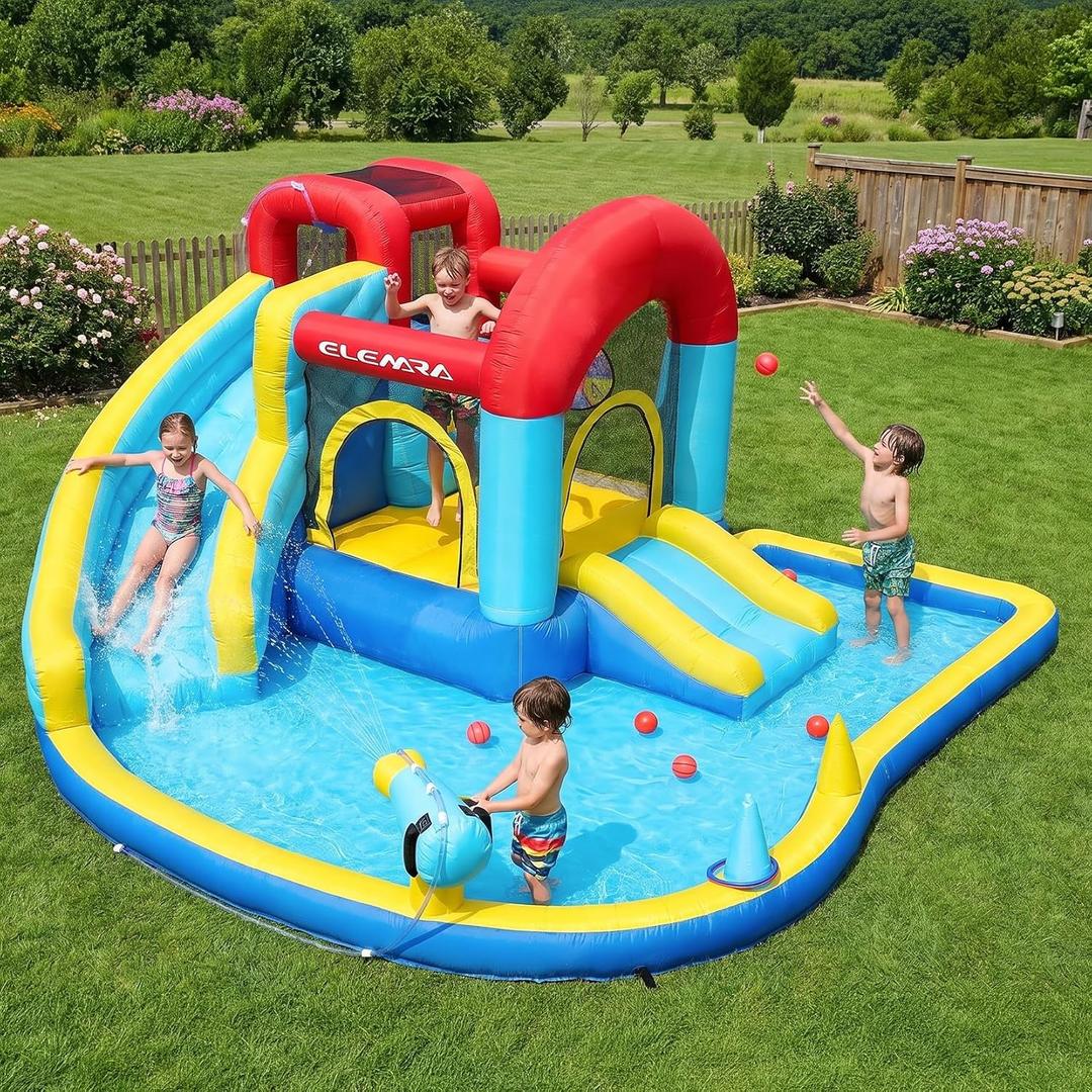 Inflatable Water Slide, 9 in 1 Kids Bounce House with 2 Slides, Pool&Trampoline, Fun Dart Game&Ring-toss Game, Climbing Walls, Bounce House with Blower for Outdoor Indoor, 108.3*106.3*56.3in