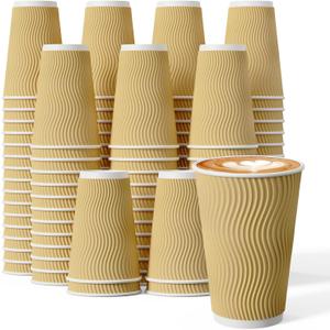 90 Count 16 oz Coffee Cups, Insulated Ripple Wall Paper Hot Cups, Leak-Proof Paper Cups for Coffee, Tea, Cocoa, Perfect for Office, Party, Travel