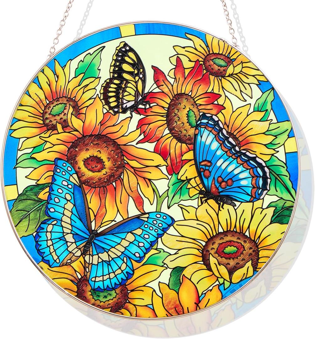 Hand-Painted Sunflower & Butterfly Stained Glass Suncatcher, 6.3'' Round Window Hanging, Ripple-Textured Bird Safe Glass, Gift for Mom Grandma, Decor for Kitchen Living Room Porch Patio