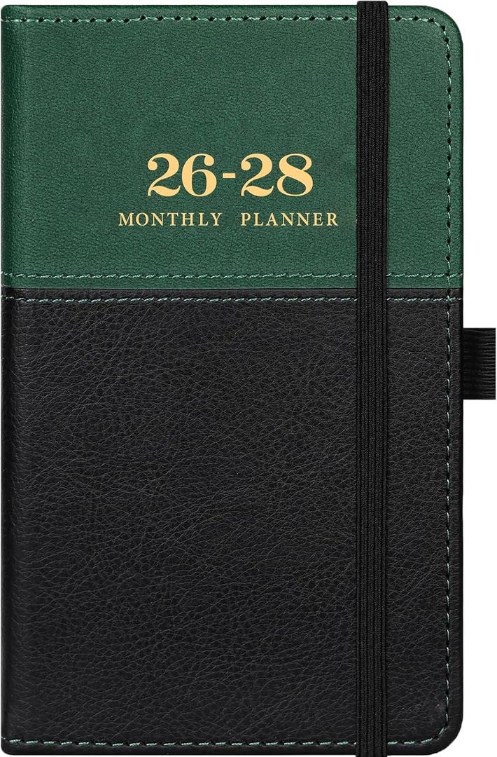 2026-2028 Pocket Calendar/Planner - 3 Year Monthly Pocket Calendar 2026-2028, from January 2026 to December 2028, 6.4" x 3.8", with Elastic Closure, Water Proof Leather - Green
