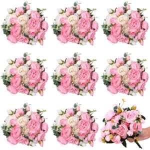 Hoteam 24 Bundles Artificial Peonies Flowers Wedding Faux Flowers Silk Peony Bouquet Bulk Bride Fake Florals Arrangements for Table Centerpieces Wedding Party Vase Decor (Light Pink, White)
