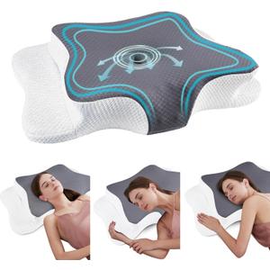 CHxxy Cervical Neck Pillow for Pain Relief Sleeping, Memory Foam Pillows, Ergonomic Side Sleeper Pillows, Cooling Orthopedic Neck Support Pillow for Back Stomach Sleepers-Queen Size Grey&White (Queen Size-24.8''Lx14.96''Wx5.78''H)