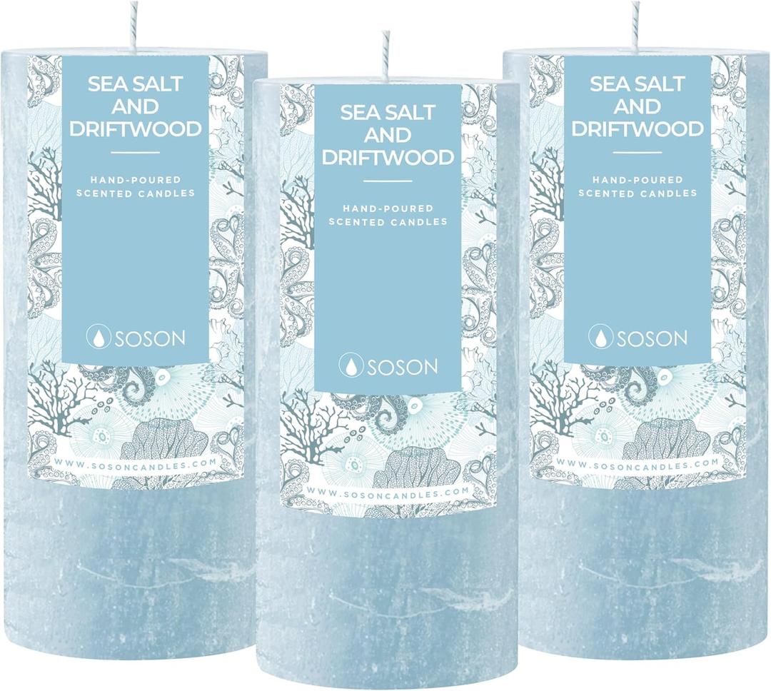 Simply Soson 3x6 inch Light Blue Rustic Sea Salt and Driftwood Pillar Scented Candle - 3 Pack - for Home Decor, Aromatherapy, Weddings, Restaurants, Spa,