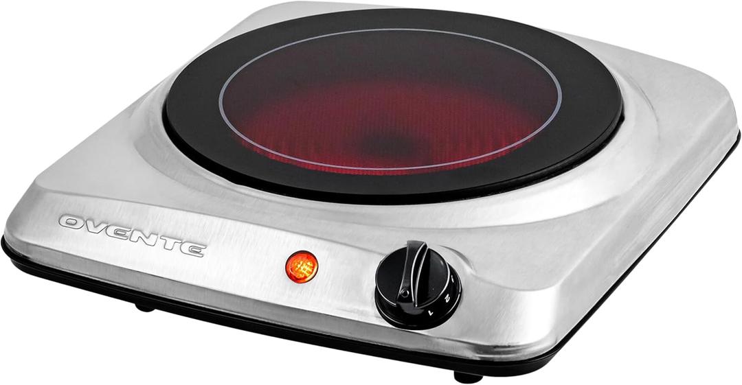 OVENTE Countertop Infrared Single Burner, 1000W Electric Hot Plate with 7 Ceramic Glass Cooktop, 5 Level Temperature Setting & Easy to Clean Base, Compact Stove for Home Dorm Office, Silver BGI101S