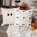 2 Pcs Halloween Pillow Covers 18x18 Inch White Ghost Throw Pillow Cases, Halloween Decorations Spooky Cushion Cover Gothic Couch Case for Holiday Fall Home Living Room Sofa Bed Indoor Outdoor