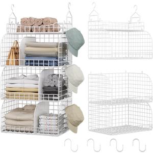HapiRm Hanging Closet Organizer Storage - 3 Tier Metal Stackable Hanging Closet Shelves with Dividers and S Hooks, Foldable Clothes Shelves for Clothes, Pants, Shoes, Coat, Hats Clutches Accessories (White)