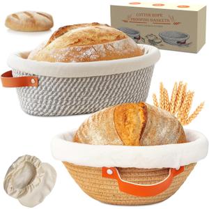 Banneton Bread Proofing Basket  9" Round & 10" Oval Handmade Cotton Rope Sourdough Proofing Basket Bread Baking Supplies with Liner & Cover Perfect for Sourdough & Artisan Bread Set