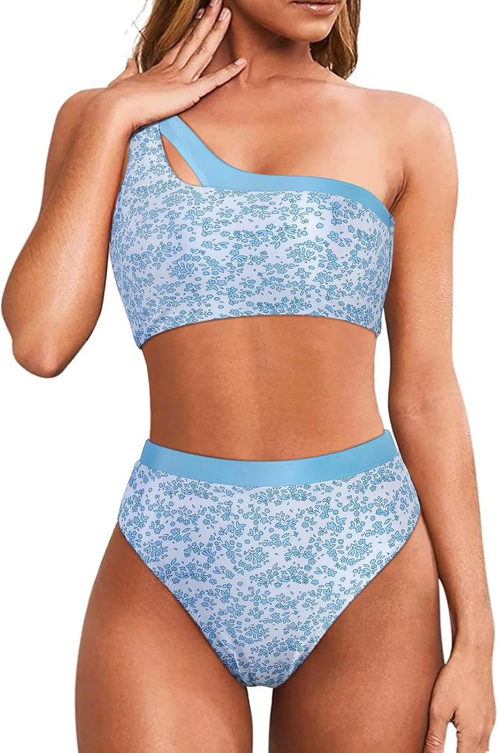 MOOSLOVER Women Cutout One Shoulder High Waisted Bikini High Cut Two Piece Swimsuits (Large, Blue Floral-23)