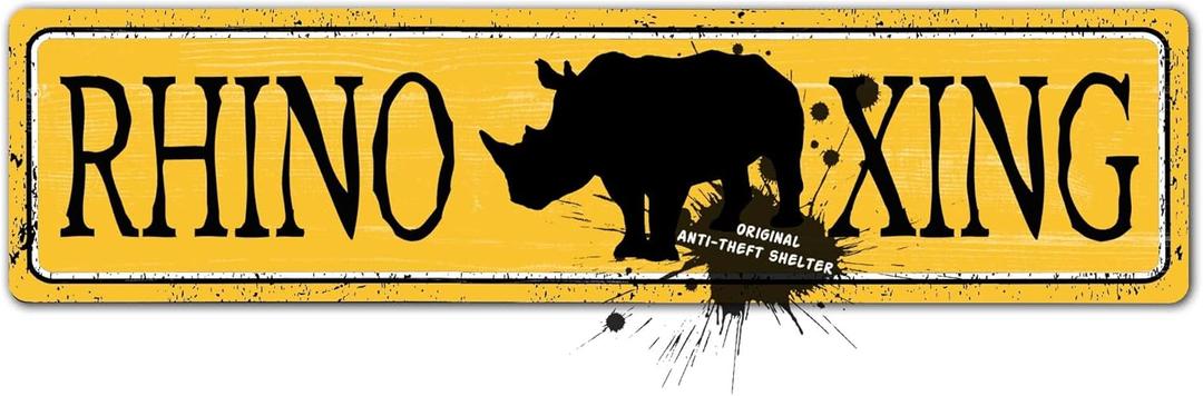 Rhino Xing Crossing Sign, Rustic Metal Wall Decor with Rhino Animal, Vintage Street Road Signs for Farmhouse, Cabin, Man Cave or Garage, Slim, Indoor/Outdoor, 4x16In