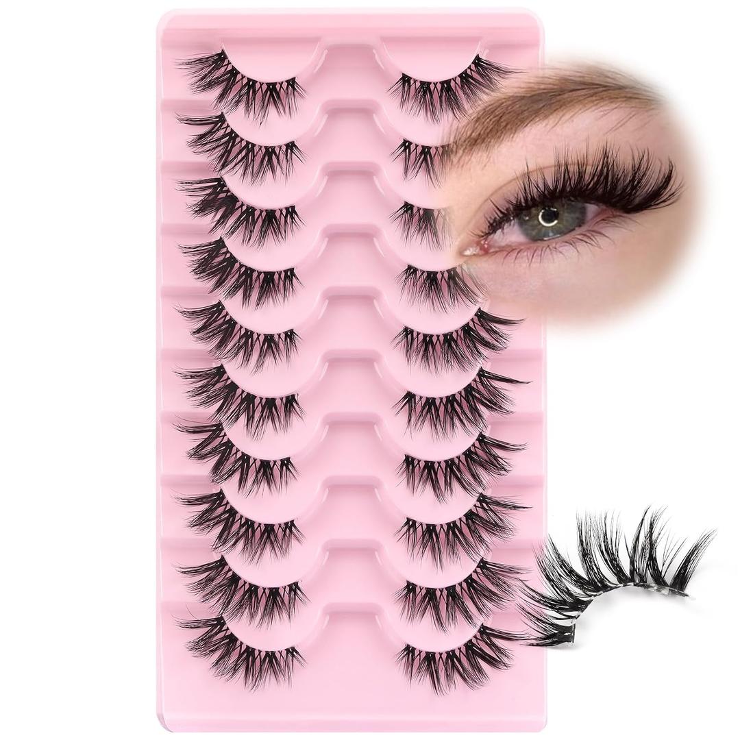 Ahrikiss Half Lashes Natural Look Wispy Cat Eye Lashes (TB06) | 3D Fluffy False Eyelashes with Clear Band Soft Short Half Eyelashes 10 Pairs 7-16mm Natural Faux Mink Lashes