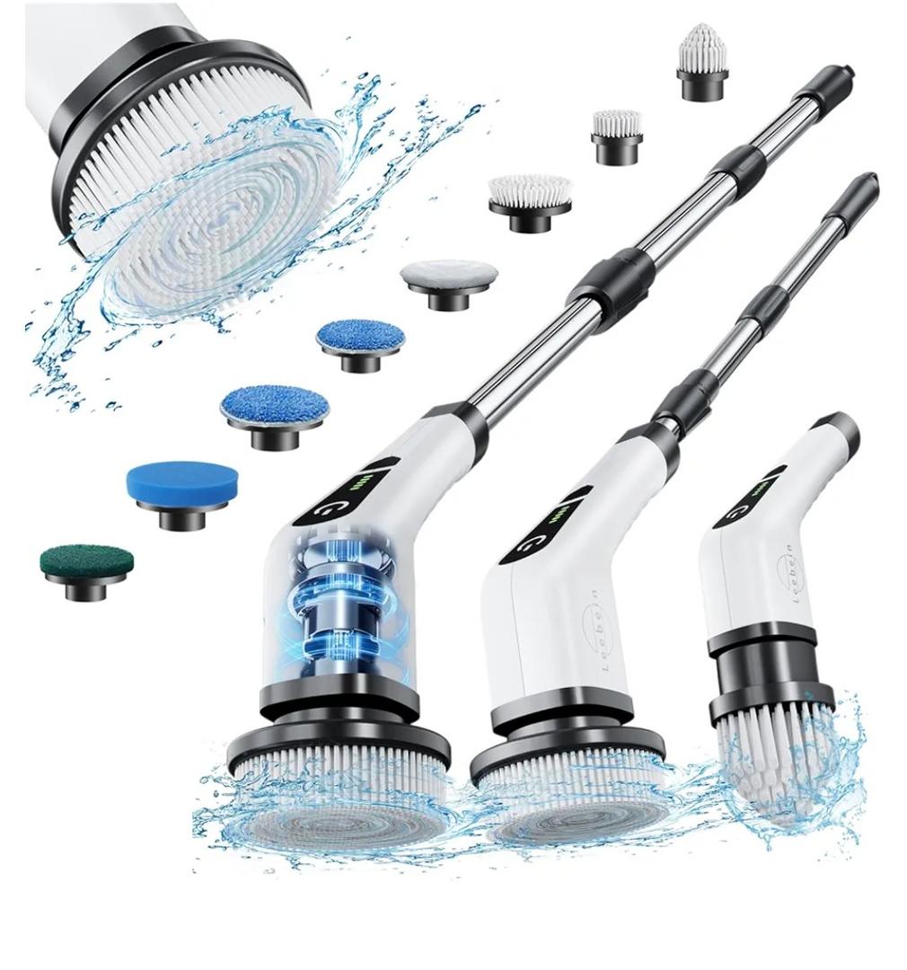 Leebein Electric Spin Scrubber, Cordless Cleaning Brush with 8 Replaceable Brush Heads, Tub and Floor Tile 360 Power Scrubber Dual Speed with Adjustable & Detachable Handle for Bathroom Kitchen Car