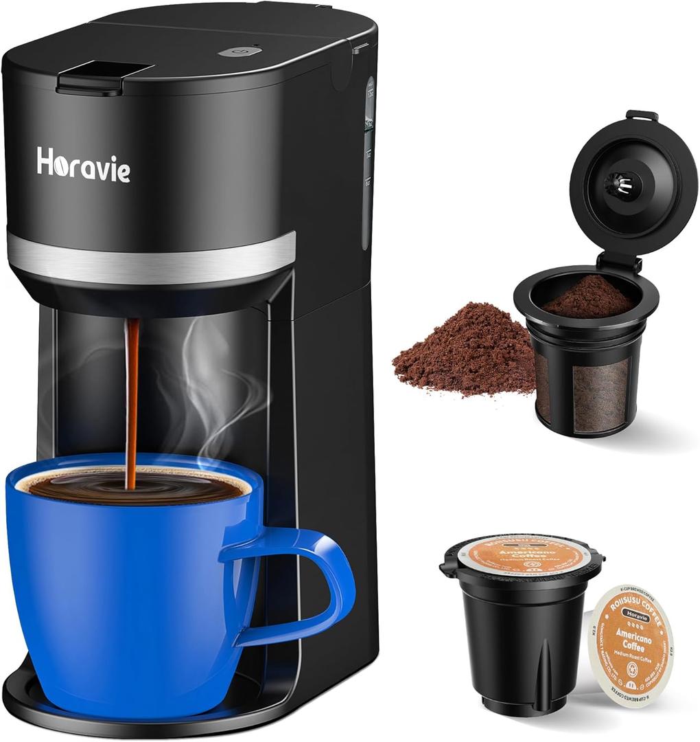 Small Single Serve Coffee Maker for K Cup and Grounds, Fast Brew One Cup Coffee Machine with 12 Oz Reservoir, Compact Size for Home Office RV and Travel, Black