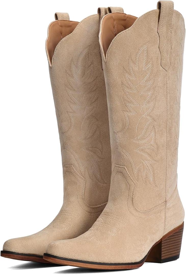 IUV Suede Cowboy Boots for Women Mid Calf Cowgirl Boots with Embroidered, Retro Snip Toe Chunky Heel Western Boot for Country Concert Music Festival Cowboy Chic, Size US 8