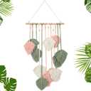 Oudain Large Macrame Wall Hanging Leaves Boho Green Leaf Macrame Tapestry Decor Leaf Feather Woven Hanging Wall Art Bohemian Decoration for Bedroom Living Room Nursery 16.5 x 35.4 Inch(Pink)