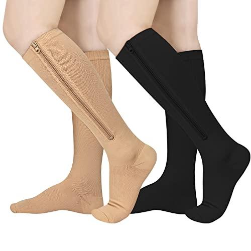 2 Pairs Zipper Compression Socks, 15-20 mmHg Closed Toe Compression Stocking with Zipper for Women and Men XXL