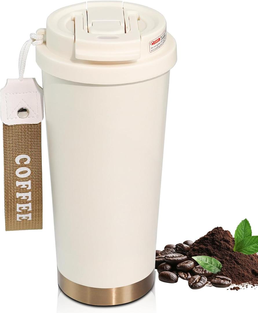 Insulated Coffee Tumbler 17.9oz 530ml Travel Coffee Mug 316 Stainless Steel Dual Drink Openings Leakproof Lid Reusable Insulated Coffee Mug Hot and Cold Ideal Travel Mug for Coffee Lover Daily (White)