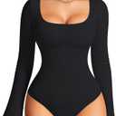 Nebility Long Sleeve Bodysuits for Women Tummy Control Shapewear Square Neck Body Suits Bell Sleeves, M