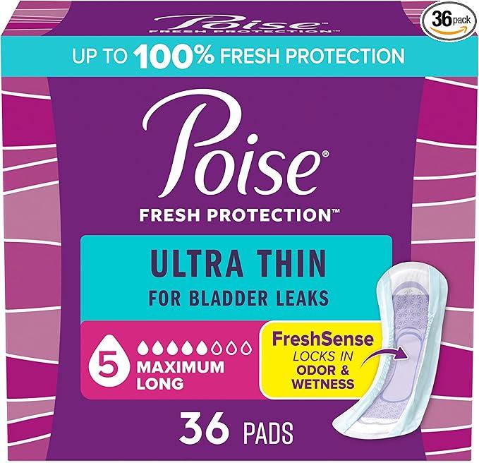 Poise Ultra Thin Incontinence Pads & Postpartum Incontinence Pads, 5 Drop Maximum Absorbency, Long Length, 36 Count