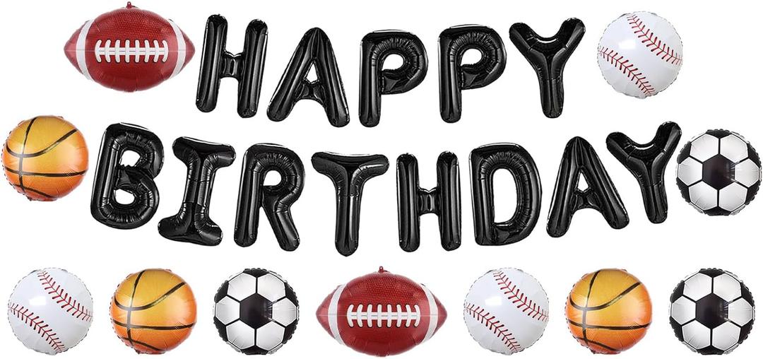 2 x Sports Birthday Party Decorations Football Basketball Baseball Soccer Balloons, Aluminium Foil Happy Birthday Banner Sports Themed Party Supplies for Boys Kids