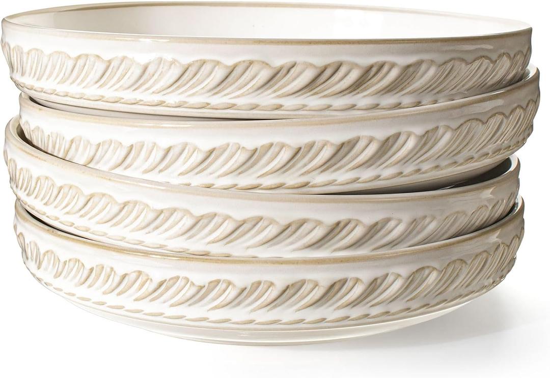 Artena Pasta Bowls, 50oz Large Salad Serving Bowls, 9.75'' Plates Bowls Set of 4, Big White Ceramic Soup Bowls for Kitchen, Embossment Shallow Dinner Bowl, Microwave Dishwasher Safe, Willow Leaf