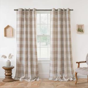 DriftAway Buffalo Plaid Blackout Curtains Linen Textured Farmhouse Double Layer Thermal Insulated Yarn Dyed Woven Checkered Gingham Grommet Drapes for Living Room 2 Panels Each 52W x 84L Taupe