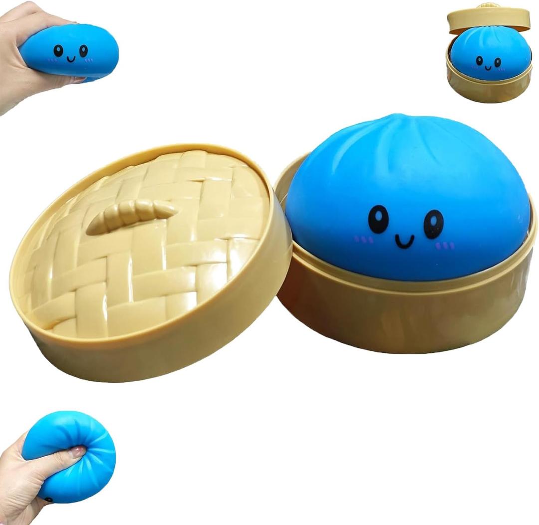 Dumpling Squishies, Large Dumpling Squishy, Mystery Jumbo DumplingSquishy,Food Steamer Stretchy Desk Toys, Cute Anxiety Relief Fidget Toy, Soft Squeeze Decompression Dough for Adults(Blue with Eyes)
