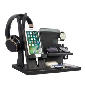 Gift for Men Nightstand Organizer with Headphone Stand & Rotating Phone Stand, Stylish Headphone Holder to Keep Desk Accessories for Men Organized, Unique Dad Birthday Gift, Gifts for Boyfriend