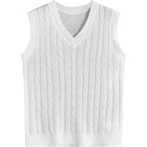 OYOANGLE Men's Cable Knit V Neck Sleeveless Sweater Vests Solid Casual Tank Tops Knitwear (Medium, White)