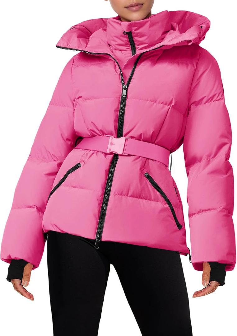 Fisoew Womens Ski Jacket Warm Hooded Insulated Waterproof Quilted Puffy Mountain Snow Winter Coat with Belt (Medium, Rose Red)