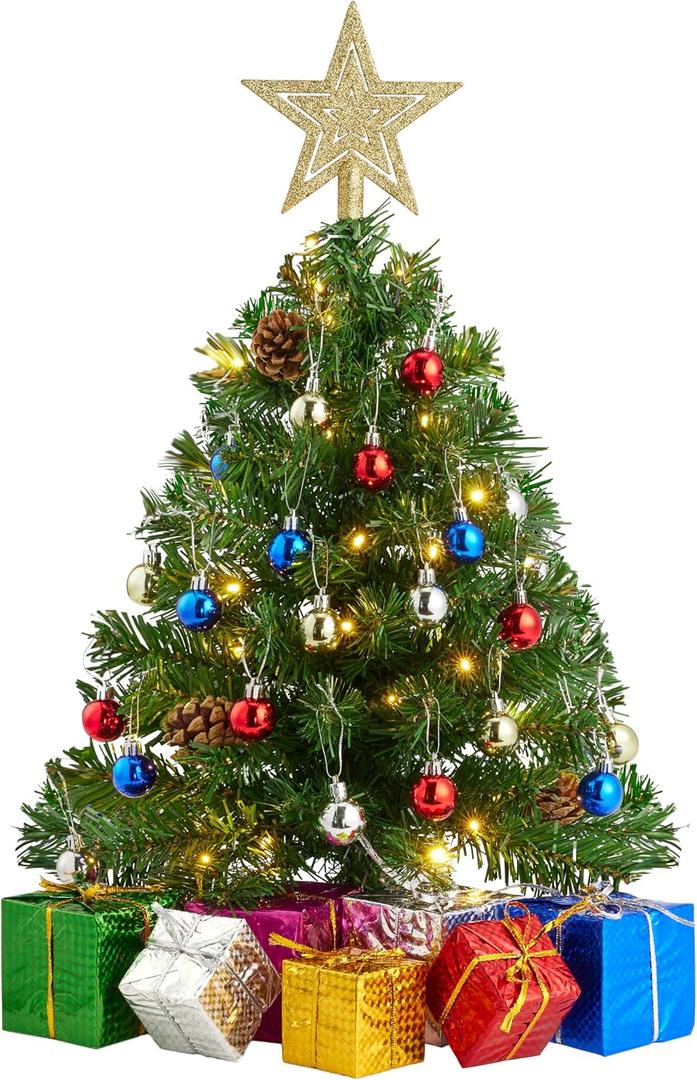 Joiedomi 24 Inch/2FT Pre Lit Tabletop Mini Christmas Tree Decorations with Warm LED Lights, Gift Box and Christmas with Ball Hanging Ornaments for Indoor Xmas Holiday Season Best DIY Decorations