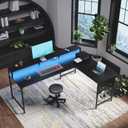 Pamray 64 Inch L Shaped Gaming Desk with Power Outlets and Led Lights, Large Corner Computer Desk with Monitor Stand and Pegboard, PC Table for Home Office and Bedroom Black